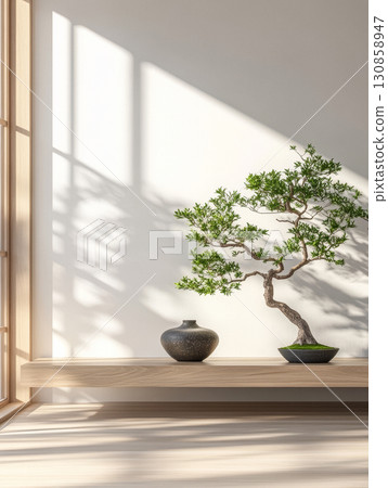 Bonsai tree and pottery displayed on wooden shelf with natural light in minimalist home interior 130858947