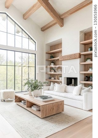 Modern living room with natural light and wooden accents in a tranquil home setting 130858966