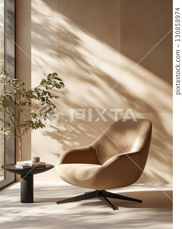 Modern chair and side table in a sunlit room with warm tones and natural decor 130858974