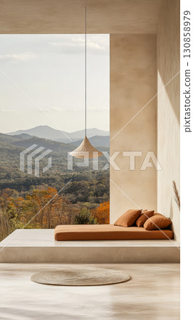 Elegant minimalist interior with mountain view and cozy seating area in warm tones at sunset 130858979