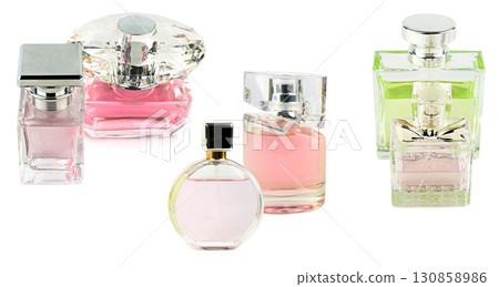 Elegant Fragrance Bottles on White Background Elegant Fragrance Bottles on White Background 130858986