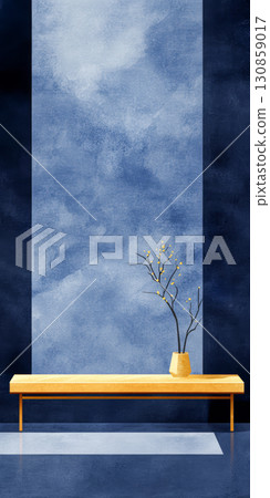 Bright minimalist interior with blue wall and wooden bench showcasing simple decor 130859017