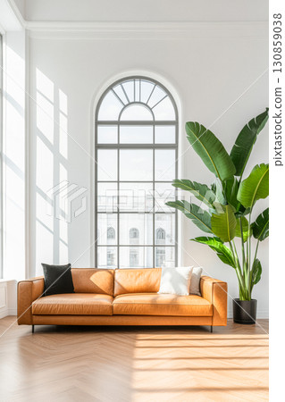 Bright living room with large windows and a modern orange couch next to a tall indoor plant 130859038