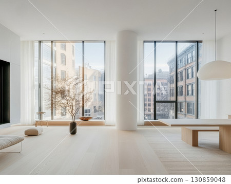 Modern interior design showcases bright living space with large windows and minimalist decor in an urban apartment 130859048