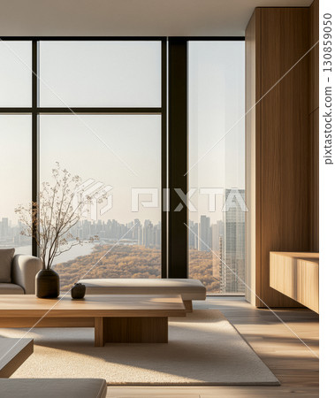 Modern living room featuring large windows and cityscape view at sunset 130859050