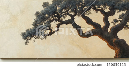 Artistic depiction of a silhouette of a tree against a warm background during twilight hours 130859113