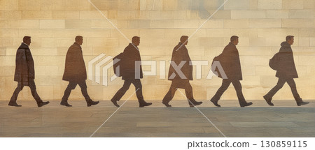 People walking along a textured wall during sunset, changing postures in sequential phases 130859115