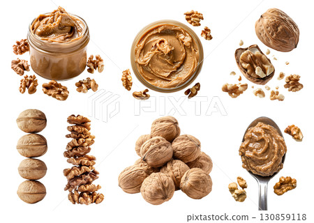 Walnut walnuts nut drupe seed fruit, many angles and view side top bowl spoon stack jar Butter spread, shell husk isolated on transparent background cutout, PNG. Mockup template Walnut walnuts nut drupe seed fruit, many angles and view side top bowl spoon stack jar Butter spread, shell husk isolated on transparent background cutout, PNG. Mockup template 130859118