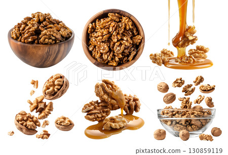 Walnut walnuts nut drupe seed fruit, many angles view side top pile bowl stack, caramel honey syrup, broken pieces, shell husk isolated on transparent background cutout PNG. Mockup Walnut walnuts nut drupe seed fruit, many angles view side top pile bowl stack, caramel honey syrup, broken pieces, shell husk isolated on transparent background cutout PNG. Mockup 130859119