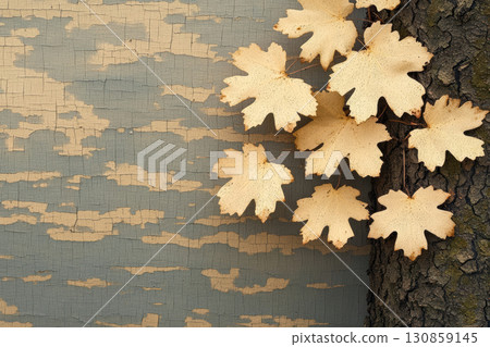 Colorful autumn leaves contrast against peeling paint on an old tree trunk during a sunny afternoon walk Colorful autumn leaves contrast against peeling paint on an old tree trunk during a sunny afternoon walk 130859145