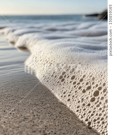 Gentle ocean waves caress sandy beach at sunset, capturing the beauty of nature in the warm light 130859165
