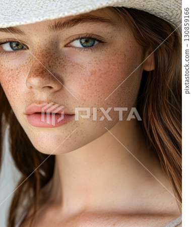 Young woman with freckles wearing a wide-brimmed hat and soft makeup enjoying a sunny day outdoors in a natural setting 130859166