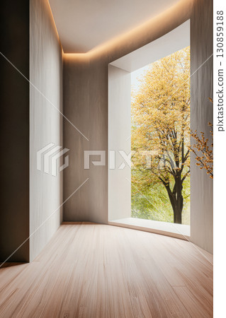 Modern minimalist interior design featuring large window with view of autumn tree in tranquil setting Modern minimalist interior design featuring large window with view of autumn tree in tranquil setting 130859188