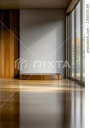 Spacious modern interior with wooden accents and natural light streaming in from large windows in a serene setting Spacious modern interior with wooden accents and natural light streaming in from large windows in a serene setting 130859189