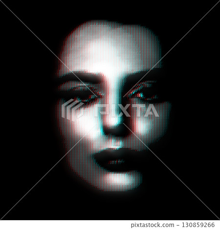 Woman portrait illustration in halftone black and white television screen pixels pattern Woman portrait illustration in halftone black and white television screen pixels pattern 130859266