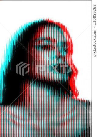 Woman portrait illustration in halftone black and white television screen pixels pattern in RGB colors split effect 130859268