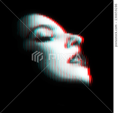 Woman portrait illustration in halftone black and white television screen pixels pattern 130859286