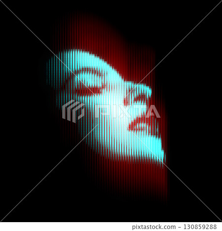 Woman portrait illustration in halftone black and white television screen pixels pattern 130859288