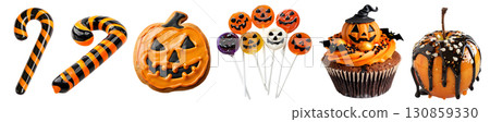 Collection of Halloween sweet candy cupcake cookie lollipop toffee apple on transparent cutout. PNG file. Many different design. Mockup template for artwork 130859330