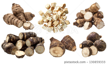 Taro eddo dasheen root vegetable, many angles and view side top front basket pile slice isolated on transparent background cutout, PNG file. Mockup template 130859333
