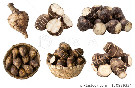 Taro eddo dasheen root vegetable, many angles and view side top front basket pile slice isolated on transparent background cutout, PNG file. Mockup Taro eddo dasheen root vegetable, many angles and view side top front basket pile slice isolated on transparent background cutout, PNG file. Mockup 130859334