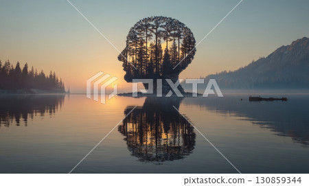 Surreal forest island in the shape of a human head, reflection of the sunrise Surreal forest island in the shape of a human head, reflection of the sunrise 130859344