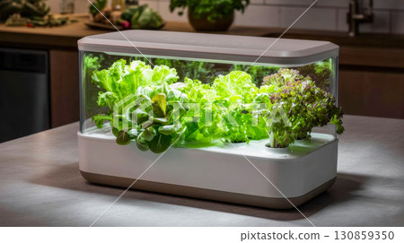 Compact hydroponic indoor garden with fresh green salad and herbs, modern smart kitchen appliances Compact hydroponic indoor garden with fresh green salad and herbs, modern smart kitchen appliances 130859350