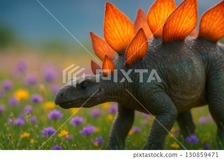 Sunlit Stegosaurus Walking Through Spring Wildflowers 130859471
