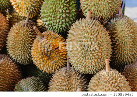 A lot of spiky and yellow durian fruits in market 130859485