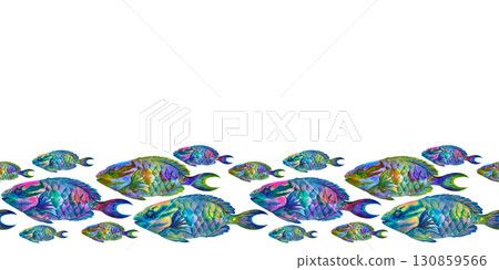 Seamless border of rainbow big tropical parrot fish on white background. Underwater sea view watercolor template for marine design, cards, posters, stickers, scrapbooking, textile, diving, snorkeling Seamless border of rainbow big tropical parrot fish on white background. Underwater sea view watercolor template for marine design, cards, posters, stickers, scrapbooking, textile, diving, snorkeling 130859566