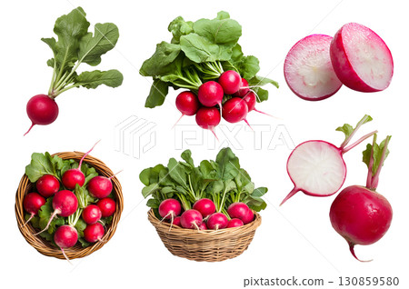 Red radish radishes root vegetable, many angles and view side top front basket pile slice isolated on transparent background cutout, PNG file. Mockup template 130859580