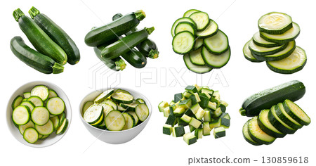 Zucchini courgette, baby marrow, summer squash vegetable fruit, many angles view side top front bowl slice cubes isolated on transparent cutout, PNG file. Mockup template 130859618