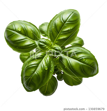 Fresh, juicy basil leaves, isolated on a white background. Ideal for cooking websites, healthy food blogs and promotional materials. 130859679