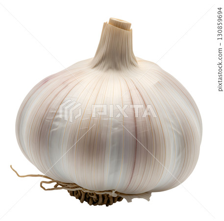 A fresh head of garlic on a white background. Ideal for illustrating culinary recipes, articles about healthy eating and advertising campaigns. 130859694