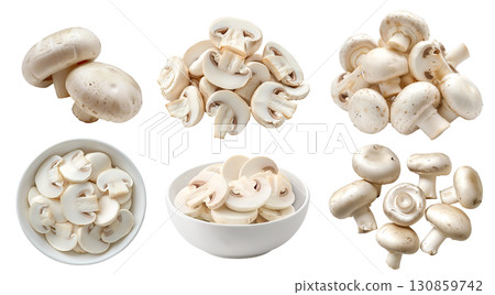 White champignon button Agaricus bisporus mushroom fungus fungi vegetable, many angles and view side top front bowl slice isolated on transparent cutout, PNG file. Mockup template White champignon button Agaricus bisporus mushroom fungus fungi vegetable, many angles and view side top front bowl slice isolated on transparent cutout, PNG file. Mockup template 130859742