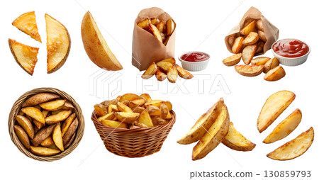 Potato wedges wedge slices, many angles and view side top front heap pile, paper wrap, basket, tomato ketchup, baked fried, seasoned on transparent cutout, PNG file. Mockup template Potato wedges wedge slices, many angles and view side top front heap pile, paper wrap, basket, tomato ketchup, baked fried, seasoned on transparent cutout, PNG file. Mockup template 130859793