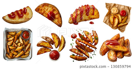 Potato wedges wedge slices, many angles and view side top front pile, food tray, paper wrap, tomato ketchup, baked fried, seasoned on transparent cutout, PNG file. Mockup template 130859794