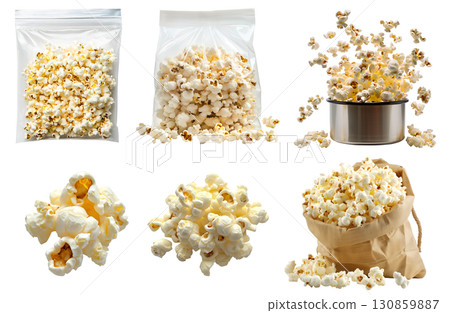 Popcorn corn kernel grains, many angles view pile, ziplock sealed bag, stovetop, burlap sack, levitate flying scattered isolated on transparent cutout, PNG file. Mockup template 130859887