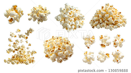 Popcorn corn kernel grains, many angles view pile heap, levitate flying scattered isolated on transparent background cutout, PNG file. Mockup template 130859888