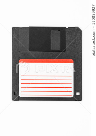Black floppy disk on white background 130859927