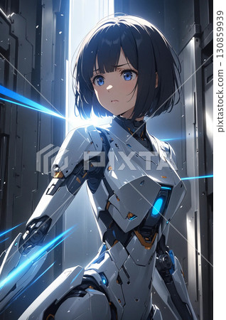 A beautiful cyborg girl fighting on a battlefield filled with laser beams 130859939