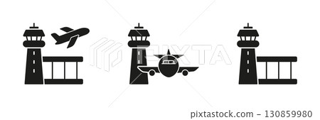 Airport Control Tower And Airplane Solid Icon Set. Aviation Management, Flight Operations, And Air Traffic Control Silhouette Symbol. Travel And Transportation. Isolated Vector Illustration 130859980