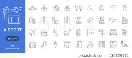 Airport And Travel Line Icon Set. Aviation, Security, And Passenger Services Outline Symbol Collection. Includes Luggage, Boarding, And Facilities. Editable Stroke. Isolated Vector Illustration 130859981