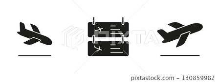 Airplane Departure and Arrival With Flight Display Solid Icon Set. Aircraft Takeoff, Landing, and Airport Schedule Board in Filled Style Symbol Collection. Isolated Vector Illustration Airplane Departure and Arrival With Flight Display Solid Icon Set. Aircraft Takeoff, Landing, and Airport Schedule Board in Filled Style Symbol Collection. Isolated Vector Illustration 130859982