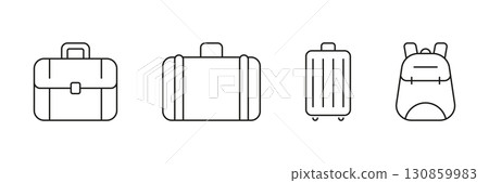 Briefcase, Suitcase, Luggage, And Backpack Line Icon Set. Travel And Business Bag Outline Symbol Collection. Versatile Baggage And Carrying Solutions. Editable Stroke. Isolated Vector Illustration Briefcase, Suitcase, Luggage, And Backpack Line Icon Set. Travel And Business Bag Outline Symbol Collection. Versatile Baggage And Carrying Solutions. Editable Stroke. Isolated Vector Illustration 130859983