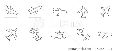 Airplane Takeoff Landing and Flight Route Line Icon Set. Aviation Travel Jet Aircraft Transportation Elements Outline Symbol Collection. Editable Stroke. Isolated Vector Illustration Airplane Takeoff Landing and Flight Route Line Icon Set. Aviation Travel Jet Aircraft Transportation Elements Outline Symbol Collection. Editable Stroke. Isolated Vector Illustration 130859984