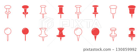 Push Pin And Thumbtack Line And Solid Icon Set. Office And Organization Tool Outline And Silhouette Symbol Collection. Stationery And Notice Board Essentials. Isolated Vector Illustration 130859992