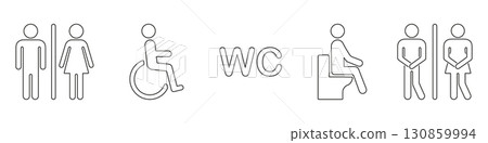 Restroom And Wc Sign Line Icon Set. Gender, Accessibility and Urgency Symbols Collection. Public Toilet, Male And Female, Wheelchair Accessible Icons. Editable Stroke. Isolated Vector Illustration Restroom And Wc Sign Line Icon Set. Gender, Accessibility and Urgency Symbols Collection. Public Toilet, Male And Female, Wheelchair Accessible Icons. Editable Stroke. Isolated Vector Illustration 130859994