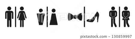 Restroom Sign Solid Icon Set. Gender-Specific Bathroom Symbols, Formal Attire and Urgency Indication Silhouette Collection. Public Facility Navigation. Isolated Vector Illustration 130859997