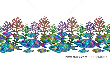 Seamless border of neon tropical parrot fish, rainbow corals on white background. Underwater watercolor template for marine design, cards, posters, stickers, scrapbooking, textile, diving, snorkeling 130860014